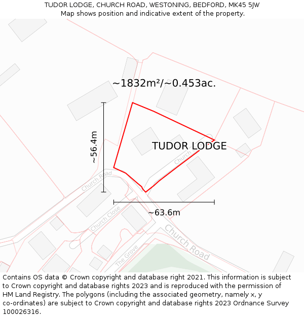 TUDOR LODGE, CHURCH ROAD, WESTONING, BEDFORD, MK45 5JW: Plot and title map