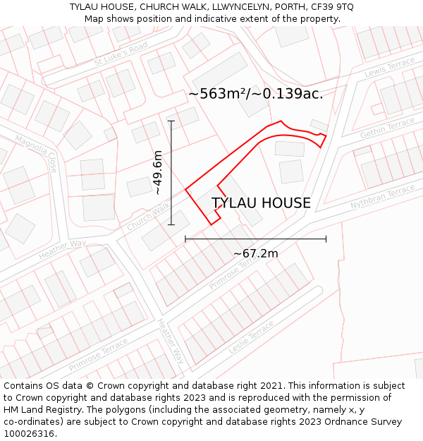 TYLAU HOUSE, CHURCH WALK, LLWYNCELYN, PORTH, CF39 9TQ: Plot and title map