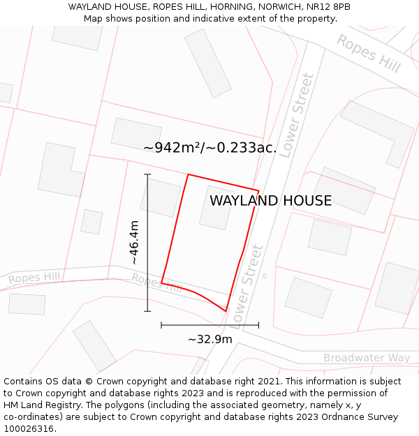 WAYLAND HOUSE, ROPES HILL, HORNING, NORWICH, NR12 8PB: Plot and title map