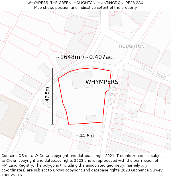 WHYMPERS, THE GREEN, HOUGHTON, HUNTINGDON, PE28 2AX: Plot and title map