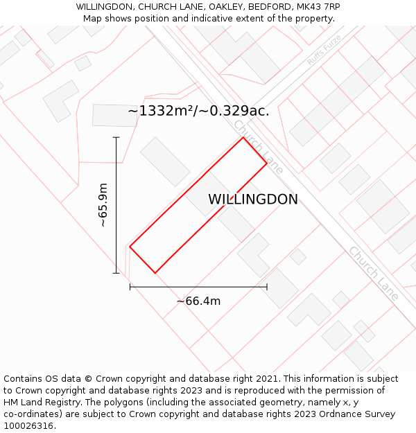 WILLINGDON, CHURCH LANE, OAKLEY, BEDFORD, MK43 7RP: Plot and title map