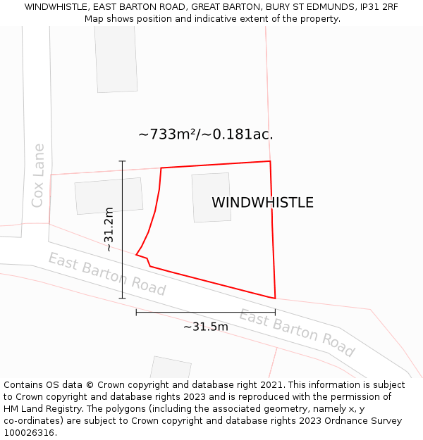 WINDWHISTLE, EAST BARTON ROAD, GREAT BARTON, BURY ST EDMUNDS, IP31 2RF: Plot and title map