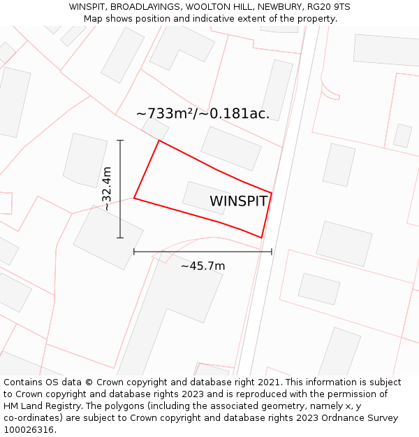 WINSPIT, BROADLAYINGS, WOOLTON HILL, NEWBURY, RG20 9TS: Plot and title map