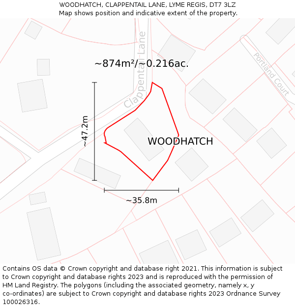 WOODHATCH, CLAPPENTAIL LANE, LYME REGIS, DT7 3LZ: Plot and title map