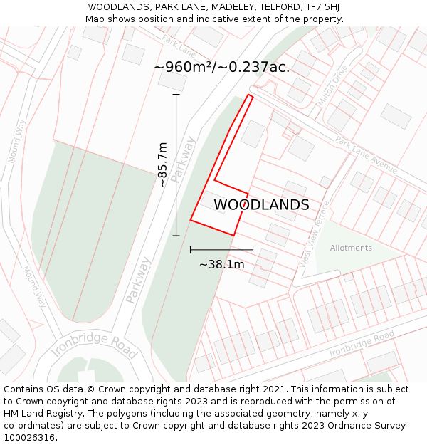 WOODLANDS, PARK LANE, MADELEY, TELFORD, TF7 5HJ: Plot and title map