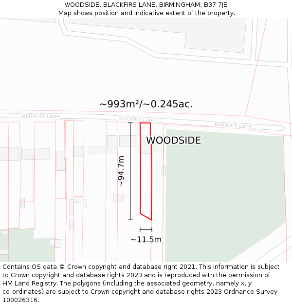 WOODSIDE, BLACKFIRS LANE, BIRMINGHAM, B37 7JE: Plot and title map