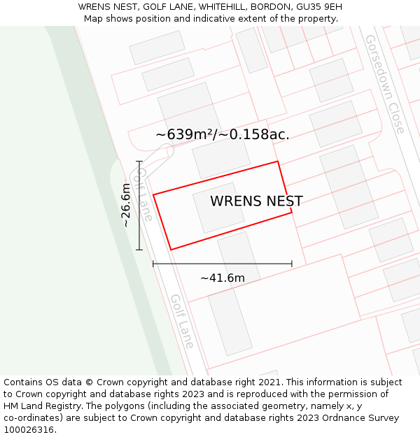 WRENS NEST, GOLF LANE, WHITEHILL, BORDON, GU35 9EH: Plot and title map