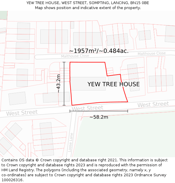 YEW TREE HOUSE, WEST STREET, SOMPTING, LANCING, BN15 0BE: Plot and title map