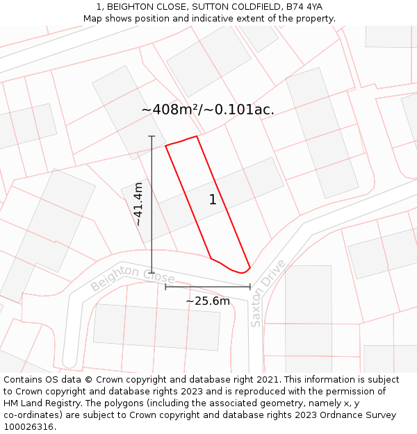 1, BEIGHTON CLOSE, SUTTON COLDFIELD, B74 4YA: Plot and title map