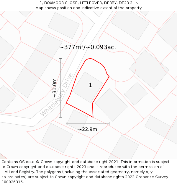 1, BOXMOOR CLOSE, LITTLEOVER, DERBY, DE23 3HN: Plot and title map