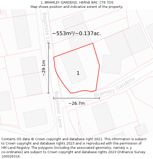 1, BRAMLEY GARDENS, HERNE BAY, CT6 7DS: Plot and title map