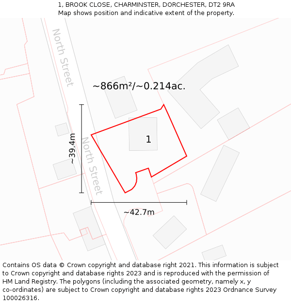 1, BROOK CLOSE, CHARMINSTER, DORCHESTER, DT2 9RA: Plot and title map