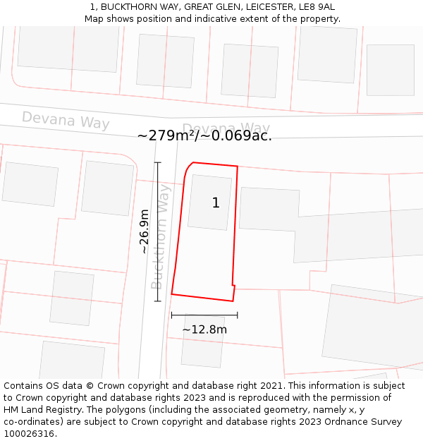 1, BUCKTHORN WAY, GREAT GLEN, LEICESTER, LE8 9AL: Plot and title map