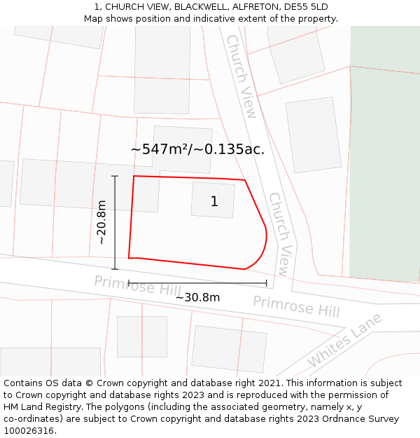 1, CHURCH VIEW, BLACKWELL, ALFRETON, DE55 5LD: Plot and title map