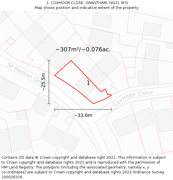 1, COXMOOR CLOSE, GRANTHAM, NG31 9FG: Plot and title map