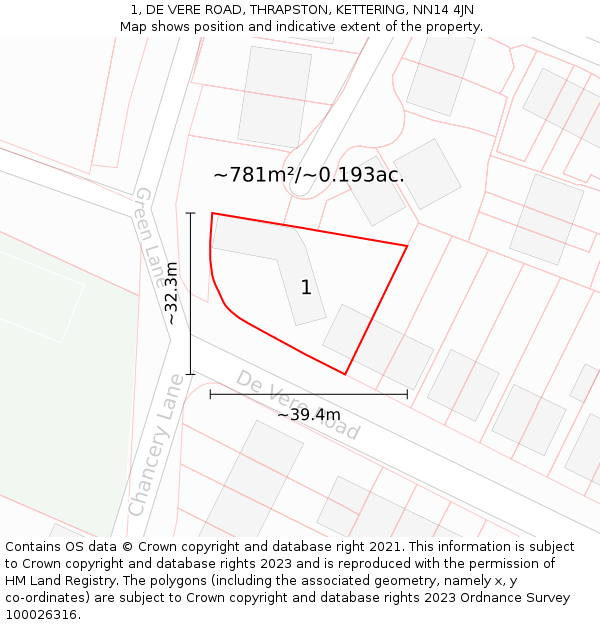 1, DE VERE ROAD, THRAPSTON, KETTERING, NN14 4JN: Plot and title map