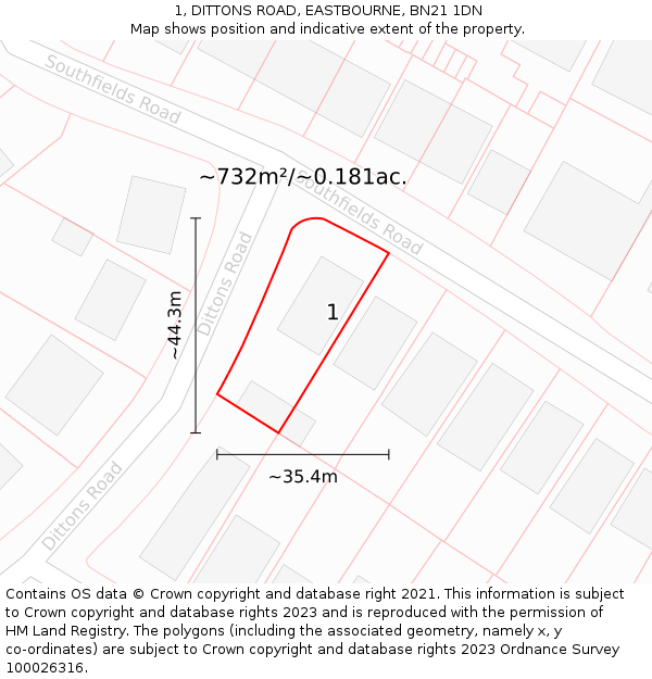 1, DITTONS ROAD, EASTBOURNE, BN21 1DN: Plot and title map