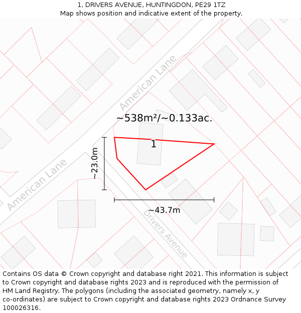 1, DRIVERS AVENUE, HUNTINGDON, PE29 1TZ: Plot and title map