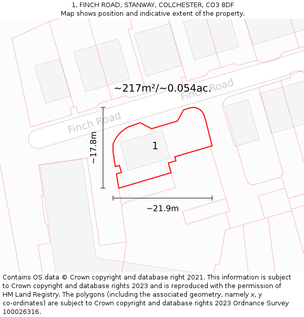 1, FINCH ROAD, STANWAY, COLCHESTER, CO3 8DF: Plot and title map