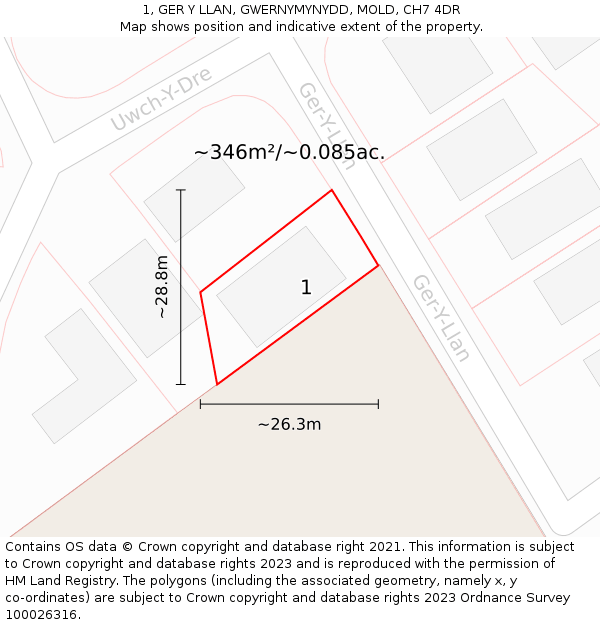 1, GER Y LLAN, GWERNYMYNYDD, MOLD, CH7 4DR: Plot and title map