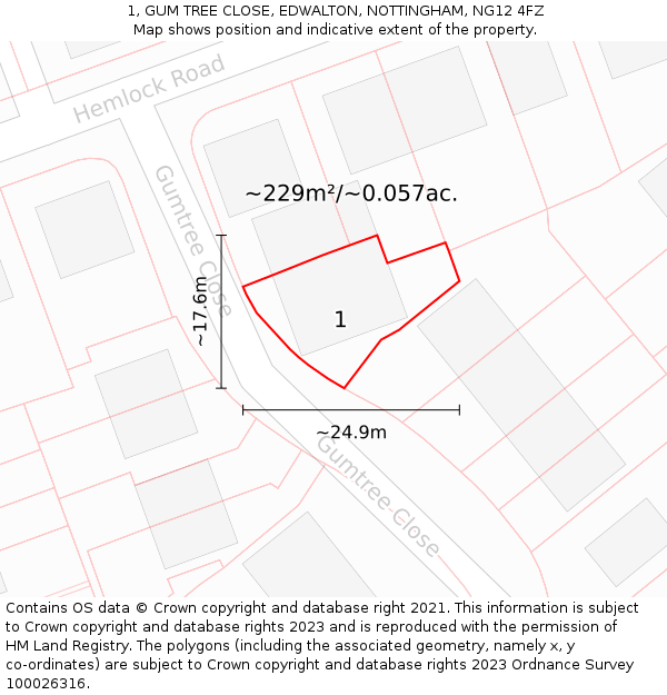 1, GUM TREE CLOSE, EDWALTON, NOTTINGHAM, NG12 4FZ: Plot and title map