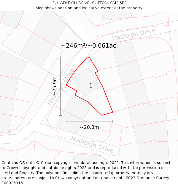 1, HADLEIGH DRIVE, SUTTON, SM2 5BF: Plot and title map