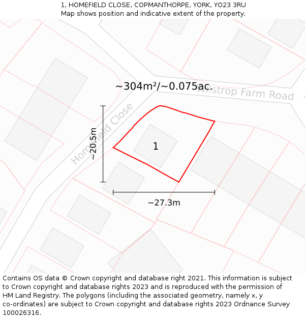 1, HOMEFIELD CLOSE, COPMANTHORPE, YORK, YO23 3RU: Plot and title map