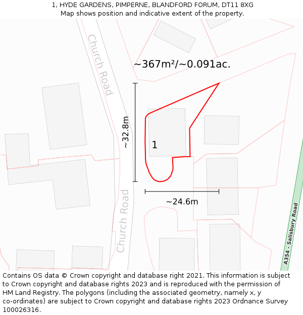 1, HYDE GARDENS, PIMPERNE, BLANDFORD FORUM, DT11 8XG: Plot and title map