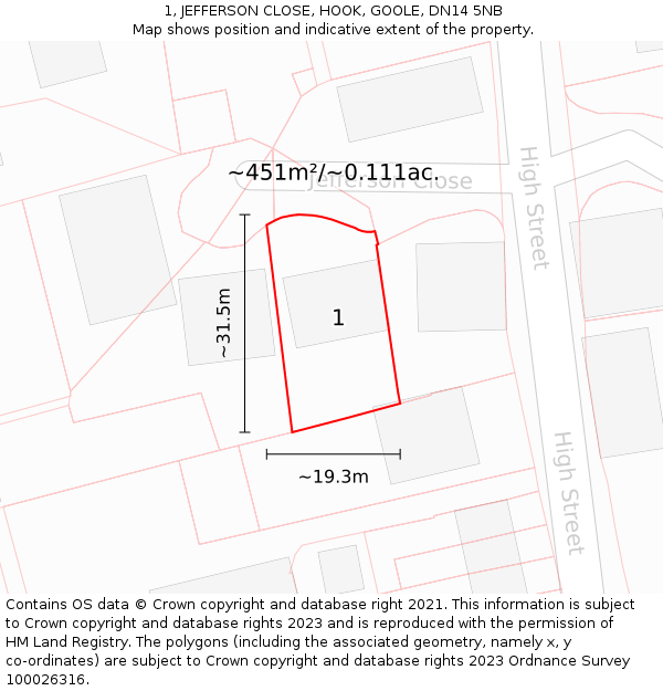 1, JEFFERSON CLOSE, HOOK, GOOLE, DN14 5NB: Plot and title map