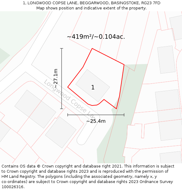 1, LONGWOOD COPSE LANE, BEGGARWOOD, BASINGSTOKE, RG23 7FD: Plot and title map