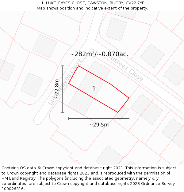 1, LUKE JEAYES CLOSE, CAWSTON, RUGBY, CV22 7YF: Plot and title map