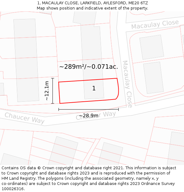 1, MACAULAY CLOSE, LARKFIELD, AYLESFORD, ME20 6TZ: Plot and title map