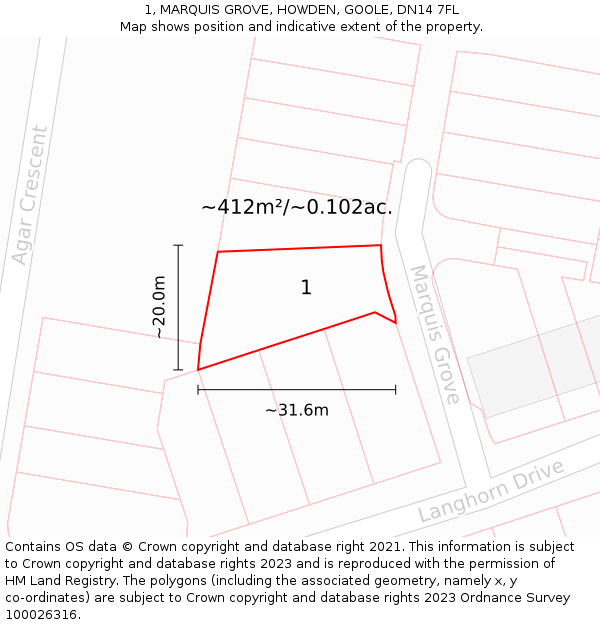 1, MARQUIS GROVE, HOWDEN, GOOLE, DN14 7FL: Plot and title map