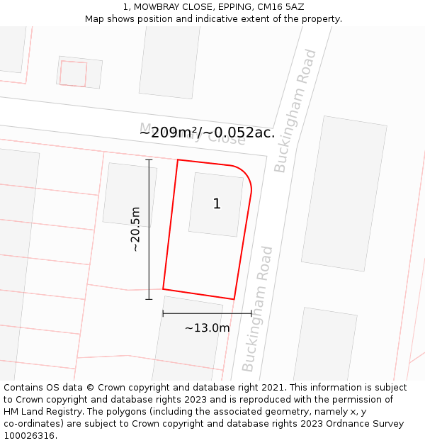 1, MOWBRAY CLOSE, EPPING, CM16 5AZ: Plot and title map