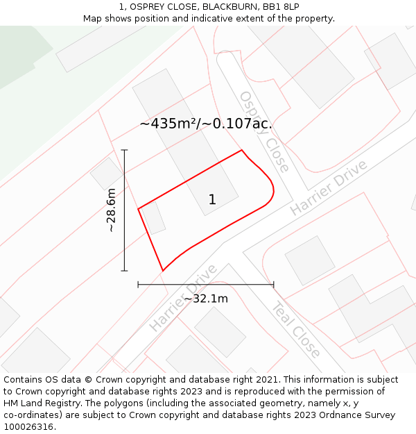 1, OSPREY CLOSE, BLACKBURN, BB1 8LP: Plot and title map