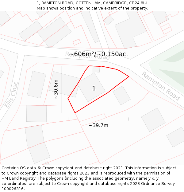 1, RAMPTON ROAD, COTTENHAM, CAMBRIDGE, CB24 8UL: Plot and title map