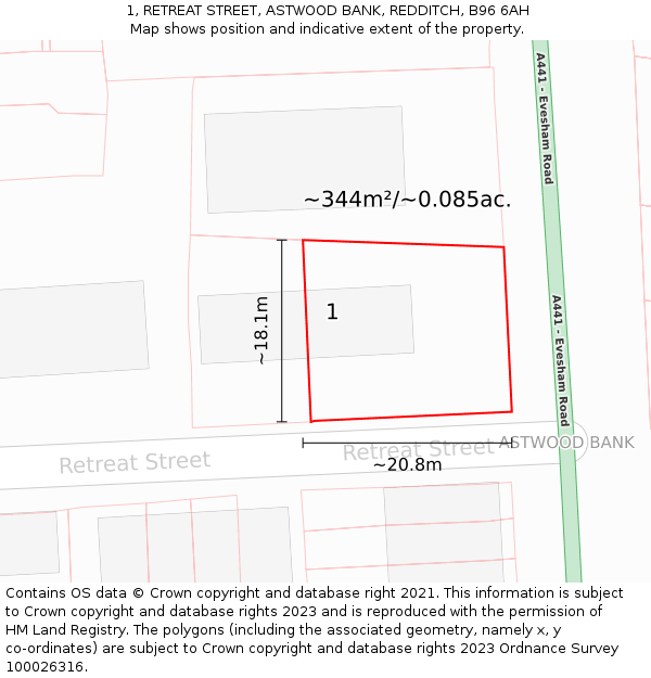 1, RETREAT STREET, ASTWOOD BANK, REDDITCH, B96 6AH: Plot and title map