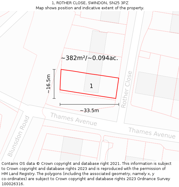 1, ROTHER CLOSE, SWINDON, SN25 3PZ: Plot and title map