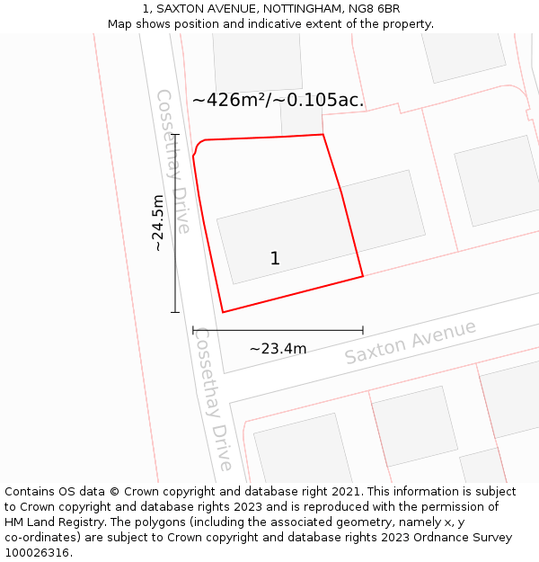 1, SAXTON AVENUE, NOTTINGHAM, NG8 6BR: Plot and title map