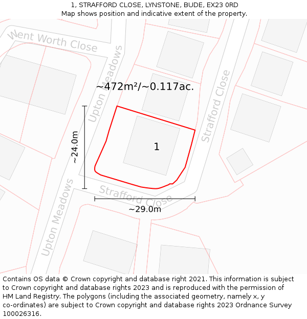 1, STRAFFORD CLOSE, LYNSTONE, BUDE, EX23 0RD: Plot and title map