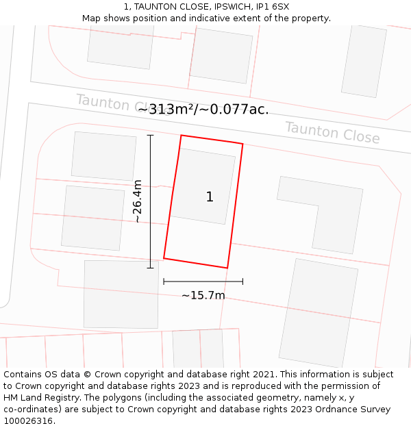 1, TAUNTON CLOSE, IPSWICH, IP1 6SX: Plot and title map