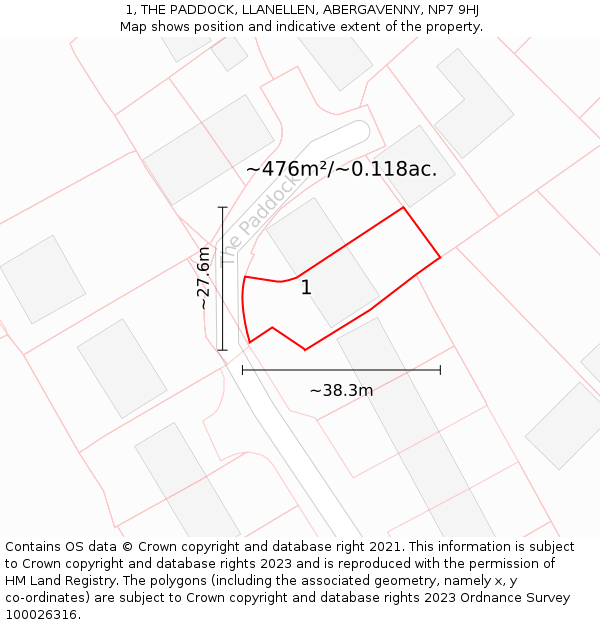 1, THE PADDOCK, LLANELLEN, ABERGAVENNY, NP7 9HJ: Plot and title map