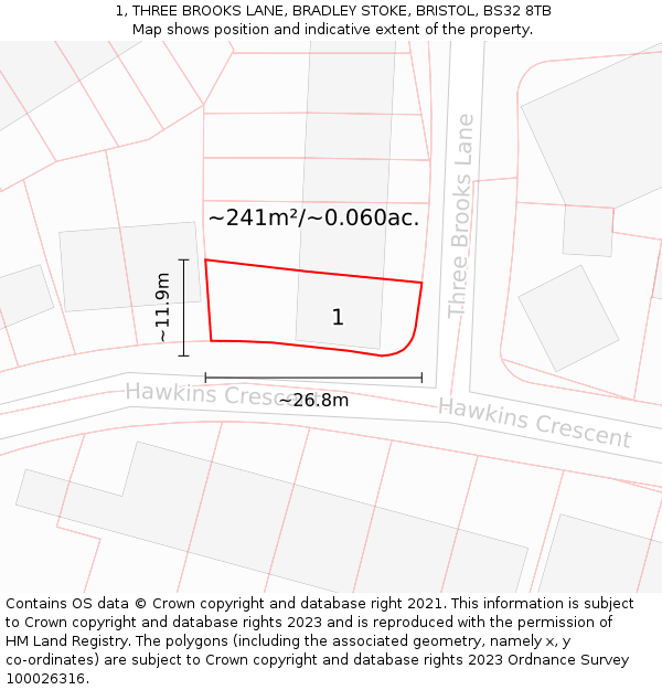 1, THREE BROOKS LANE, BRADLEY STOKE, BRISTOL, BS32 8TB: Plot and title map