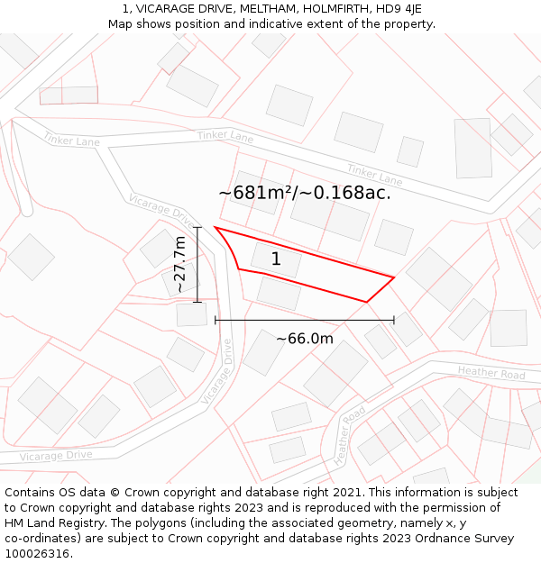 1, VICARAGE DRIVE, MELTHAM, HOLMFIRTH, HD9 4JE: Plot and title map