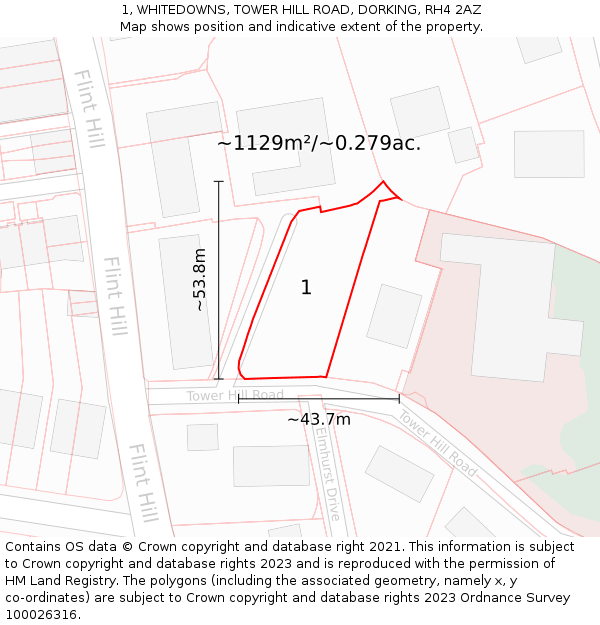 1, WHITEDOWNS, TOWER HILL ROAD, DORKING, RH4 2AZ: Plot and title map