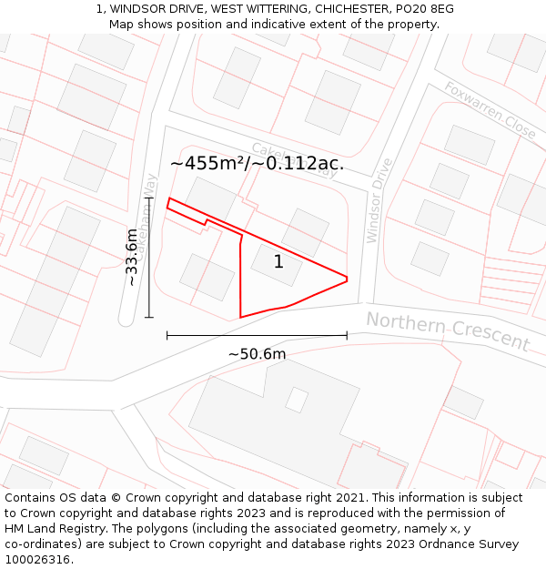 1, WINDSOR DRIVE, WEST WITTERING, CHICHESTER, PO20 8EG: Plot and title map