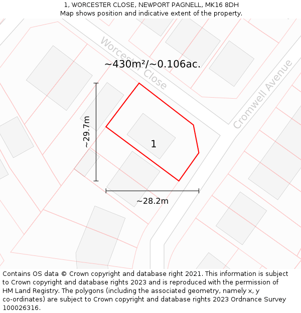 1, WORCESTER CLOSE, NEWPORT PAGNELL, MK16 8DH: Plot and title map