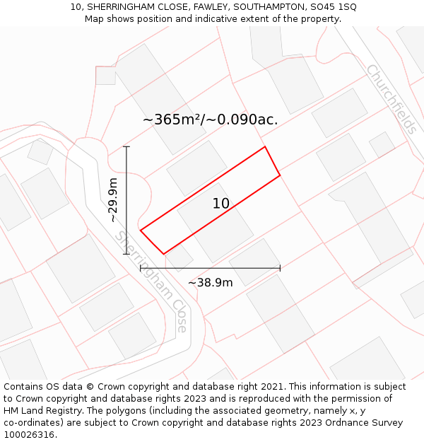 10, SHERRINGHAM CLOSE, FAWLEY, SOUTHAMPTON, SO45 1SQ: Plot and title map