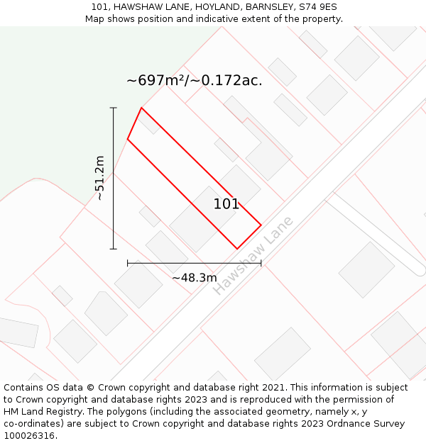 101, HAWSHAW LANE, HOYLAND, BARNSLEY, S74 9ES: Plot and title map