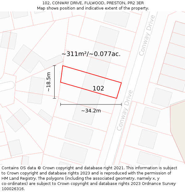 102, CONWAY DRIVE, FULWOOD, PRESTON, PR2 3ER: Plot and title map